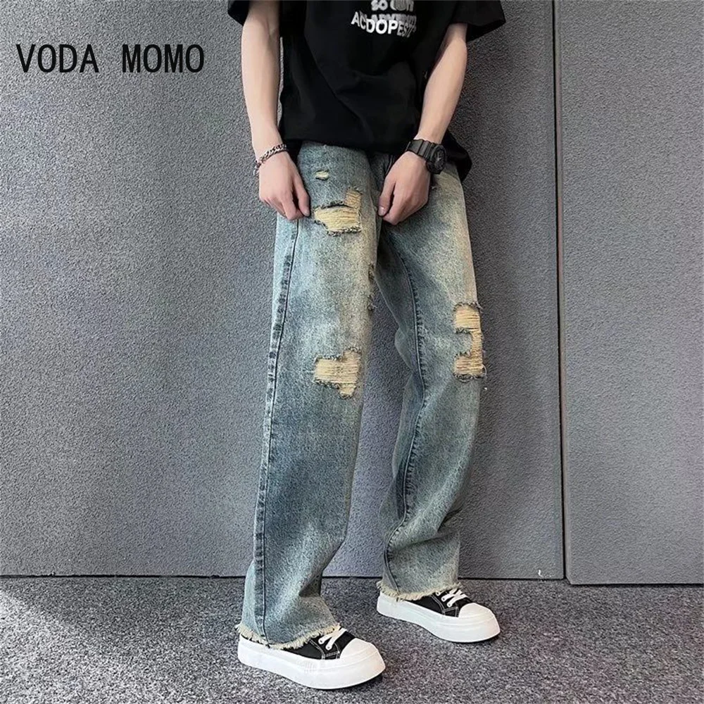 

streetwear ripped jean femme baggy denim Jeans for men Man casual wide leg pants Men's jeans Male trousers mens pantalon