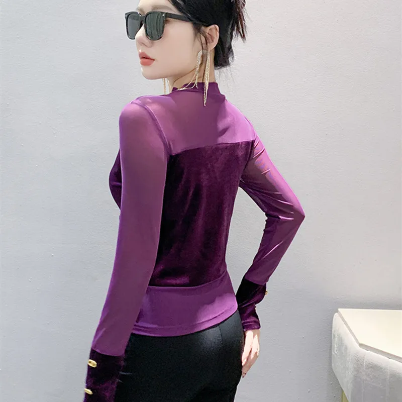 New Fashion Autumn European Clothes Sexy Hollow Out O-Neck Long Sleeve T-shirt Chic Mesh Patchwork Velvet Women Tops Tees Tees