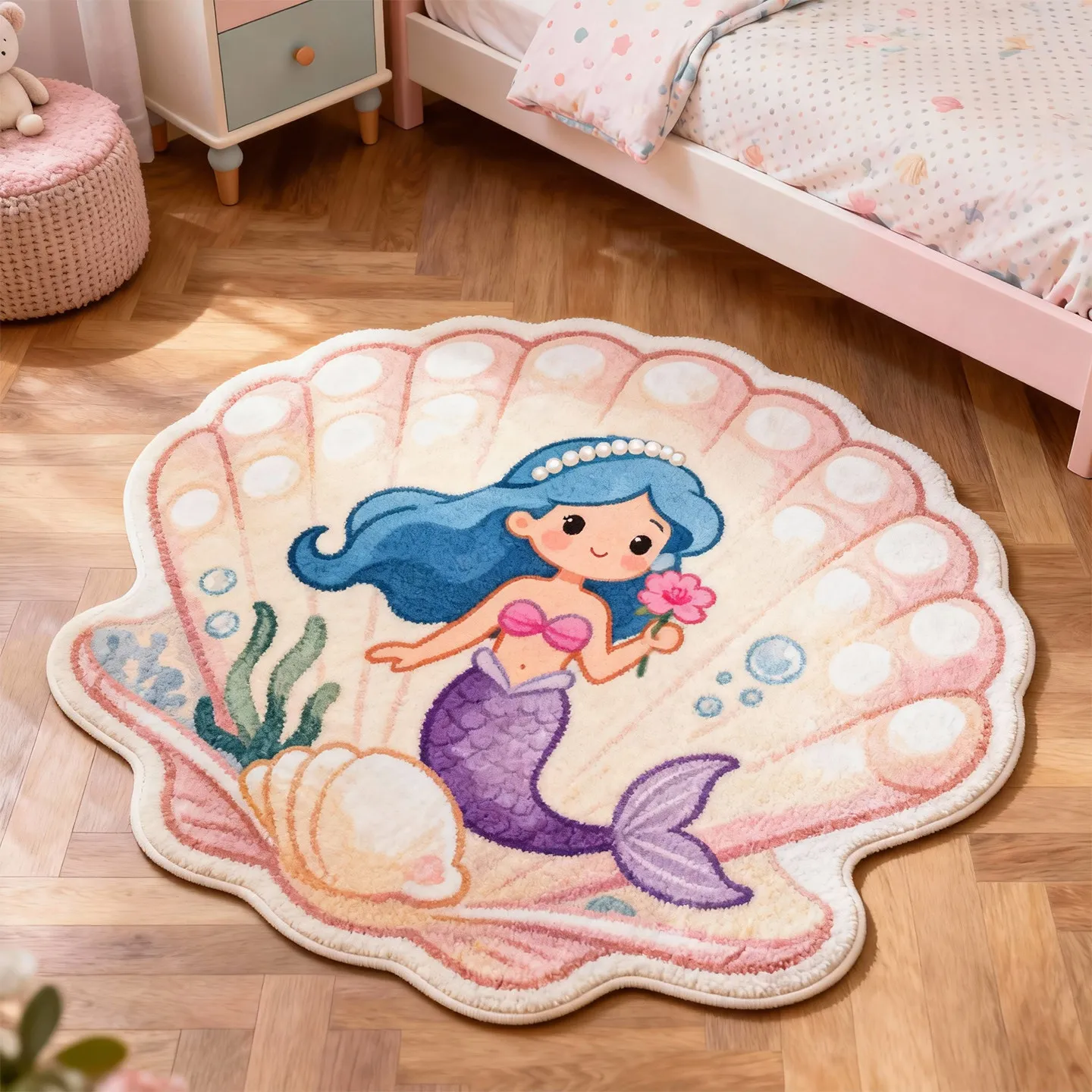 VIKAMA Shell-Shaped Mermaid Princess Rug Bedroom Play Area Decor Dreamy Healing Instagram-Worthy Ambiance Machine Washable