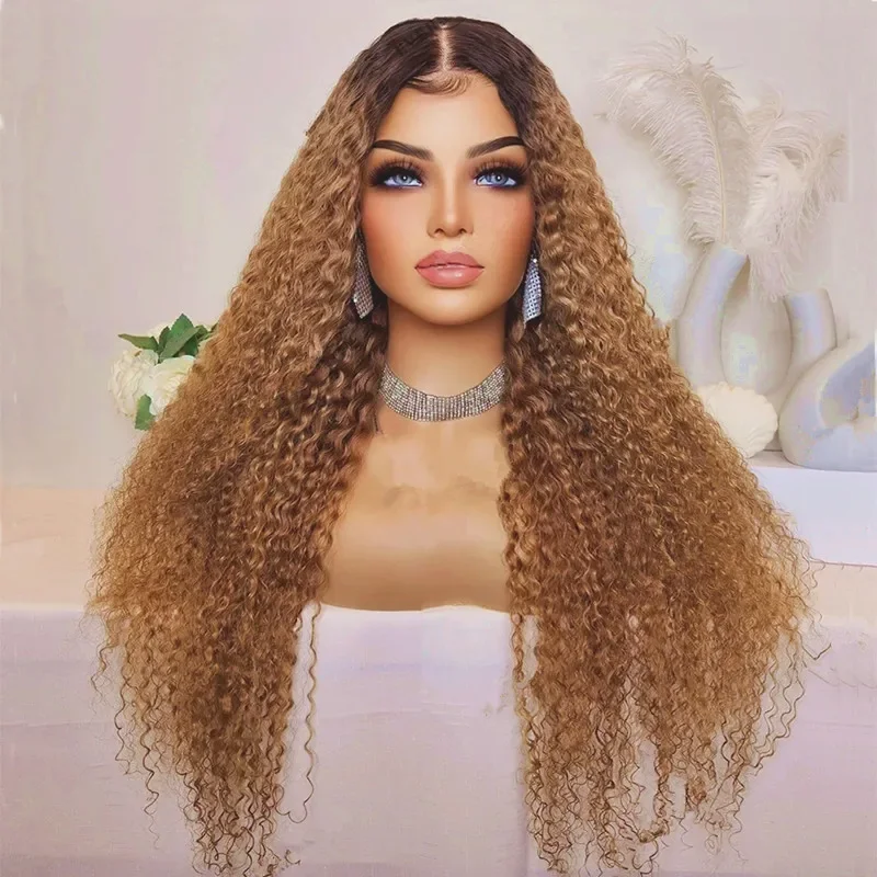 

Soft Glueless 180Density 26“ Long Ombre Blonde Brown Kinky Curly Lace Front Wig For Women BabyHair Preplucked Heat Resistant