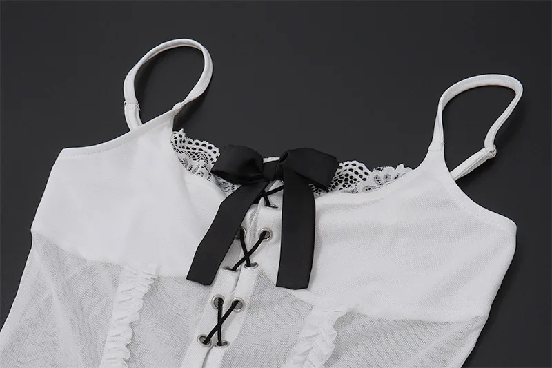 Abito sexy con cinturino per spaghetti patchwork in pizzo solido Abiti estivi da spiaggia casual da donna Abiti aderenti con fiocco estetico retrò