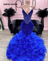King Blue Tulle Ruched Rhinestones Party Dress Mermaid Prom Dresses For Party Wedding Black Girls Birthday Gown Customized