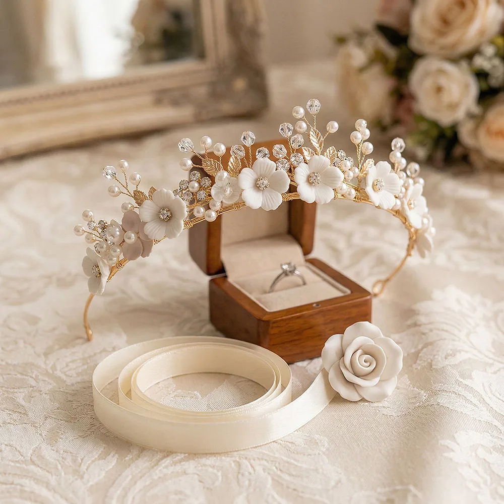 SLBRIDAL Handgefertigte Kristall-Strass-Perlen Blumen-Blatt Braut-Tiara Stirnband Hochzeitskrone Haaraccessoires Damen Mädchen Schmuck – Detail 6