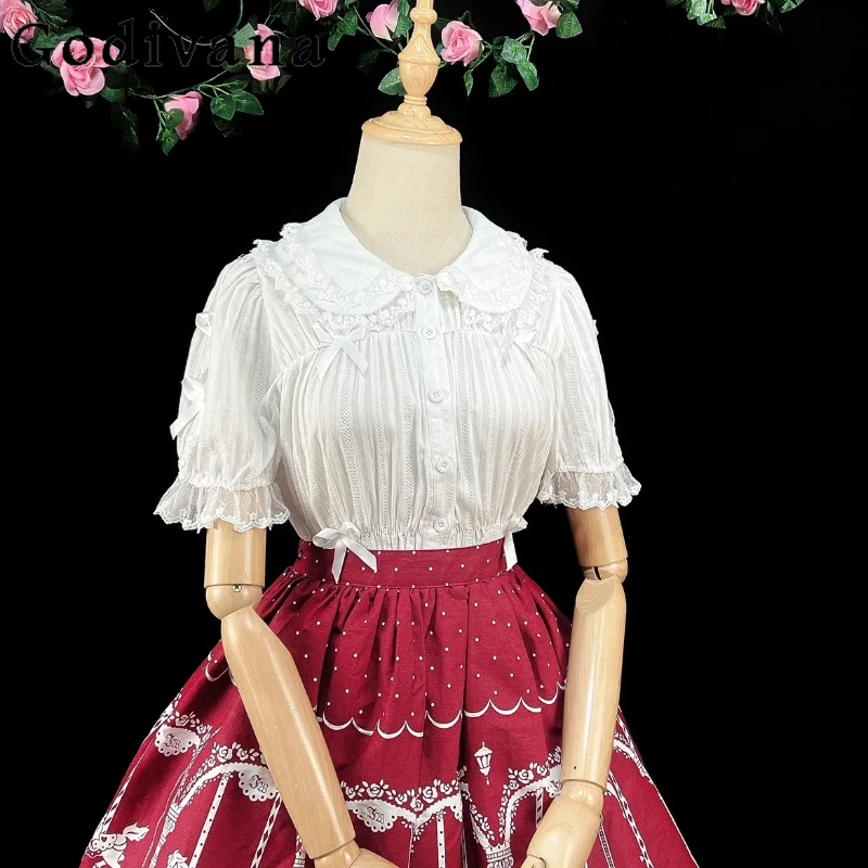 

Lolita Cotton Sweet Lace Short Sleeve Solid Color Shirt 2025 Girls Summer Peter Pan Collar Cute Bow Age-reducing Japanese Top