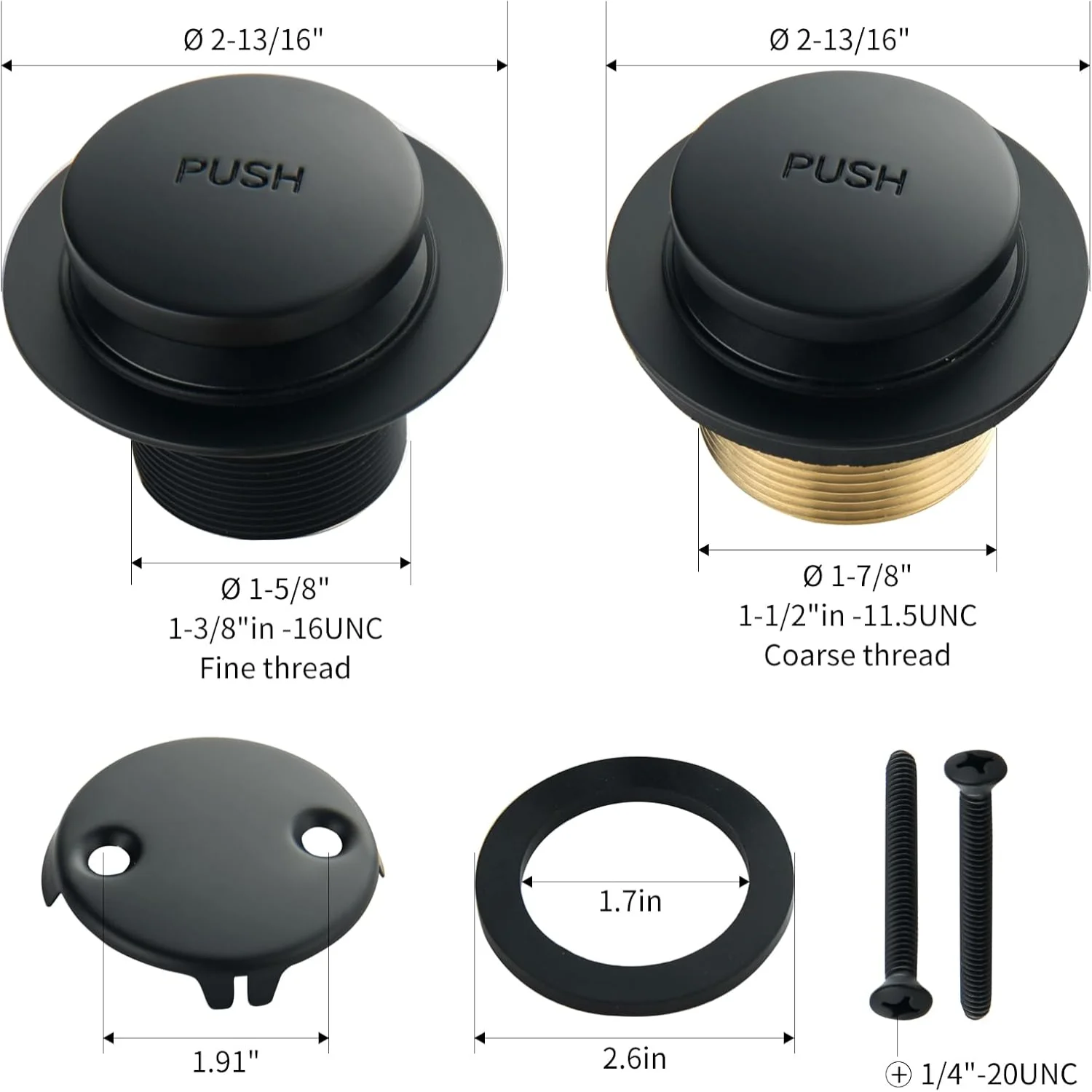 Bathtub Drain Conversion Set with Two-Hole Overflow Faceplate,Tip-Toe Tub  Set Bathtub Drain Stopper Replacement (Black)