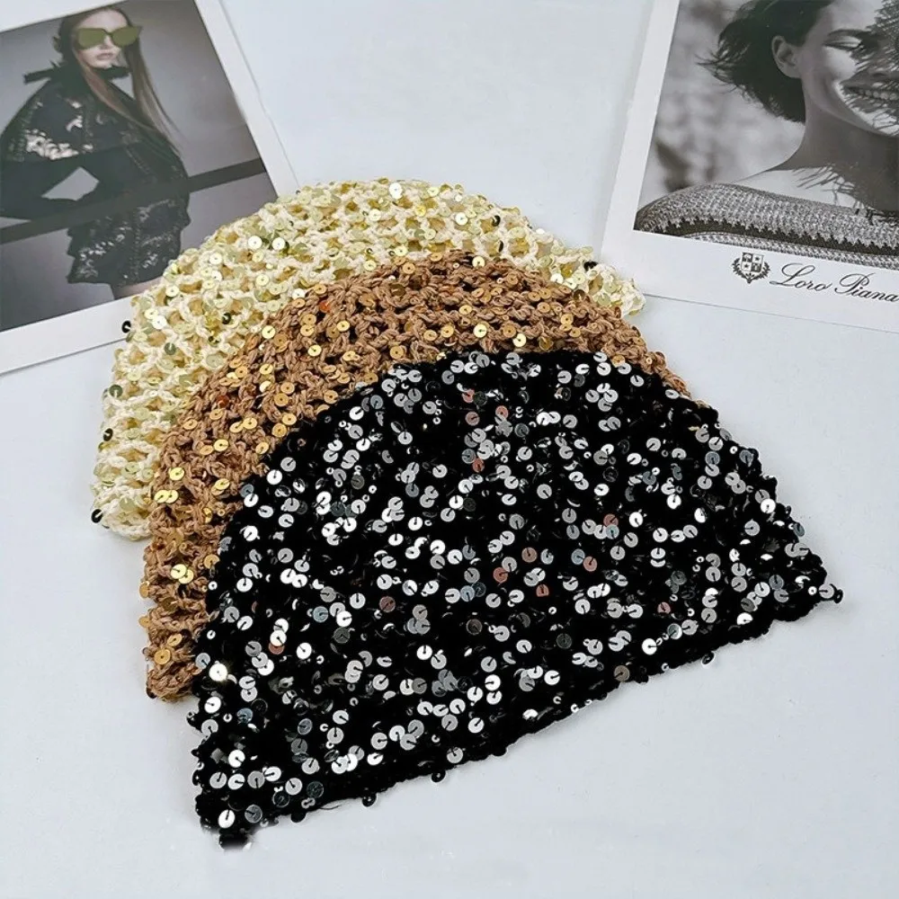 Hollow Knit Hollowed Out Beanie Hat Breathable Fringed Crochet Sequined Hat Sequined Korean Style Bohemian Style Beanies
