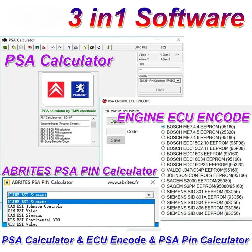 for PSA Calculator V16.04.07 Software for PSA PIN Calculator PSA ENGINE ECU ENCODE 3 in 1 Software for Citroen for Peugeot