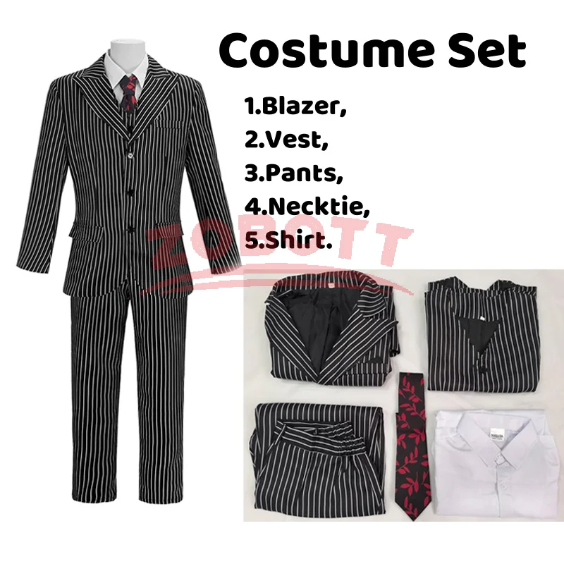 Season 2 Wednesday The Addams Family Gomez Addams Cosplay Costume Black Striped Blazer Pants Vest Shirt Tie Set Halloween Outfit