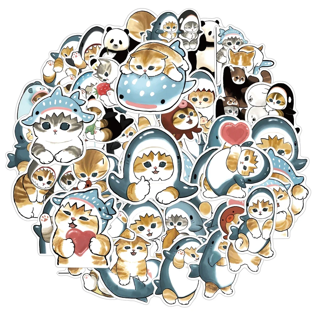 50Pcs Funny Shark Hooded Cute Cat Stickers, Cartoon Decor Decals for Suitcase, Scrapbook, Laptop, Phone, Stationery DIY Gift