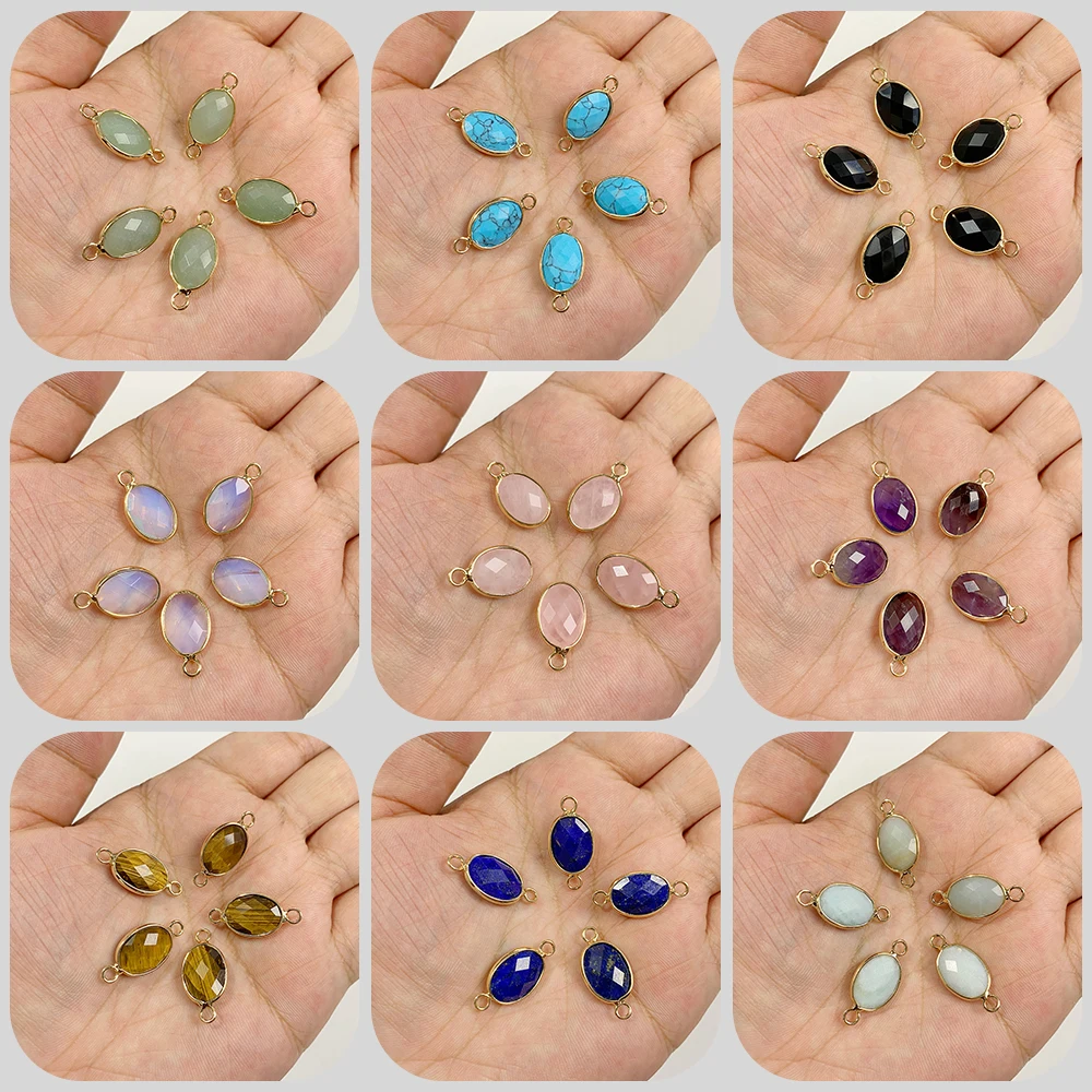 3PC Oval Shape Natural Stone Amethysts Opalite Pendant Double Single Hole Connector Pendant Charm For Handmade Necklace Bracelet