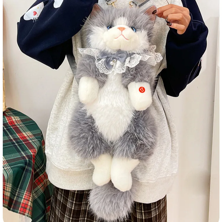 4 Colors Music Sound Plush Cat Crossbody Backpack Lace Collar Bowknot Faux Fur Kitten Shoulder Bag Kawaii Women Birthday Gift