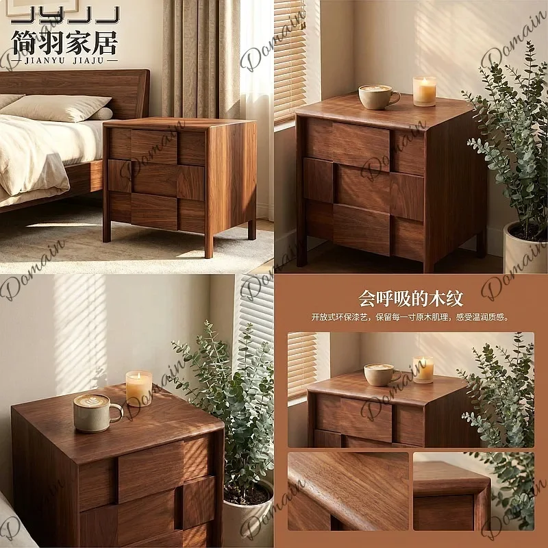 BJ 2026 New Wabi-sabi Solid Wood Nightstand Mid-century Square Splice Black Walnut Bedside Table