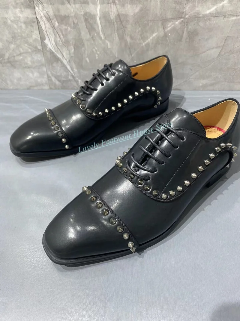 

Fashion Men Rivet Design Black Genuine Leather Formal Party Wedding Shoes Male Slip On Round Toe Spring Autumn Single Shoes