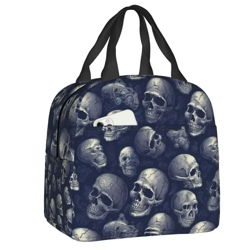 Dark Floral Skull Macabre Art Lunch Bag Skeleton Thermal Cooler Insulated Bento Box For Work School Picnic Travel Food Tote Bags