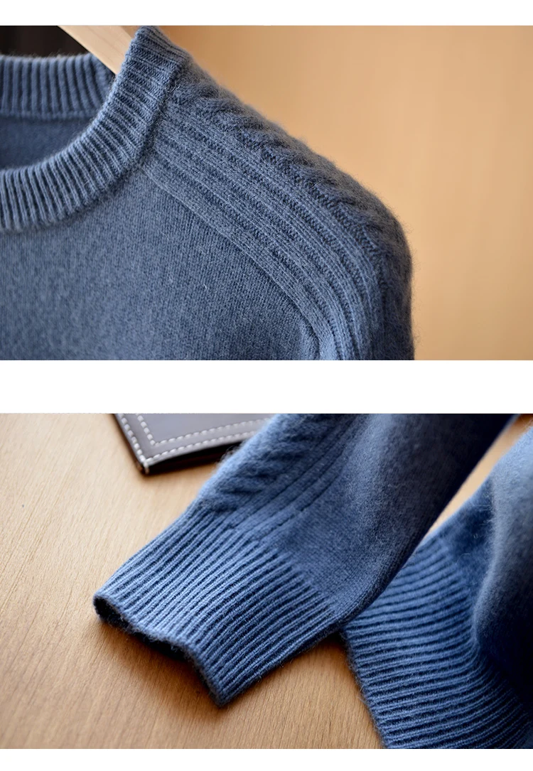 Autumn Winter Men's 100% Cashmere Sweater Long Sleeve Shirt Blue Wool Top Soft Gloss T-shirt Delicate Comfortable Men's Clothing