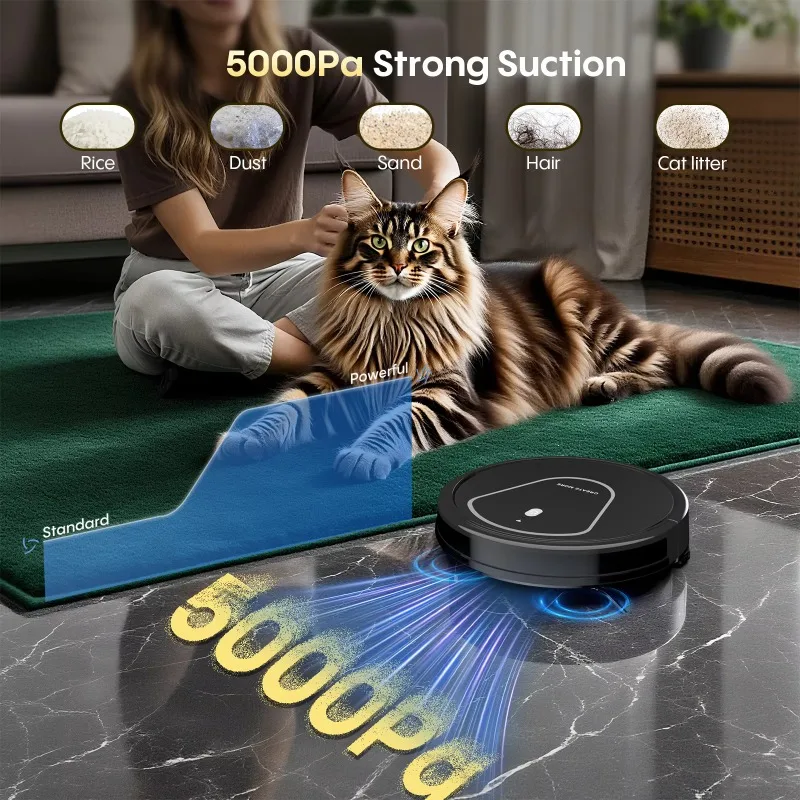 3-in-1 5000Pa Robot Vacuum Cleaner with Wet Dry Function Auto Recharge Tangle-Free Design Household Use Pet Hair Removal