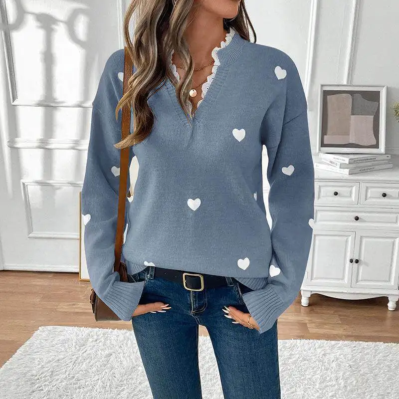 Love Heart V-Neck Knitwear Women's Fashion Casual Style Mid-Thick Long Sleeve Sweater for Date Valentine's Day Autumn Winter