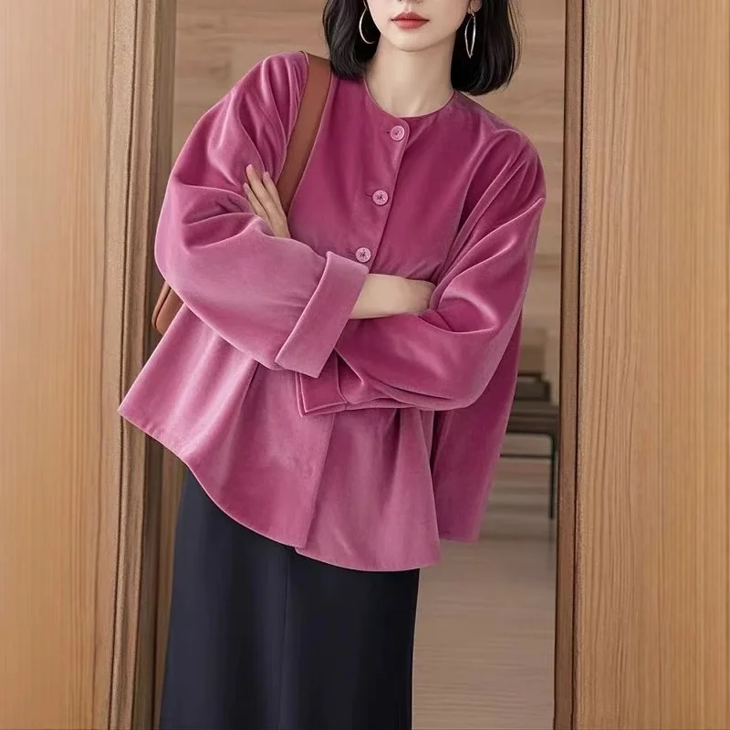 

2024 New High Quality Autumn Winter Pink Velvet Loose Shirt Tops Chic Oversize Women O Neck Single Breasted Velour Blouses Lady