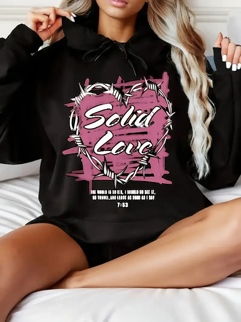 Women's Casual Hoodie Barbed Wire Solid Love Graphic Print Loose Fit Long Sleeve Pullover Machine Washable Top Black Pink Accent