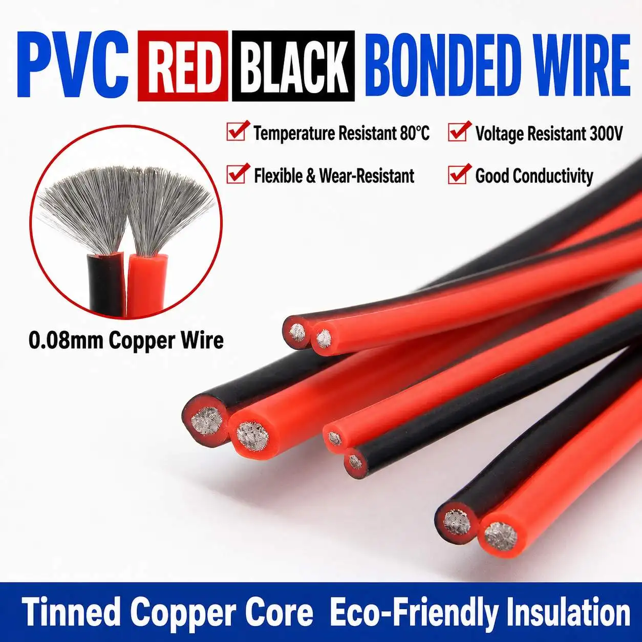 Home Use Small Pure Copper Wire 2-Core Jacketed LED Light Two-Core Power Cable Red Black Positive Negative Cable Soft Lin