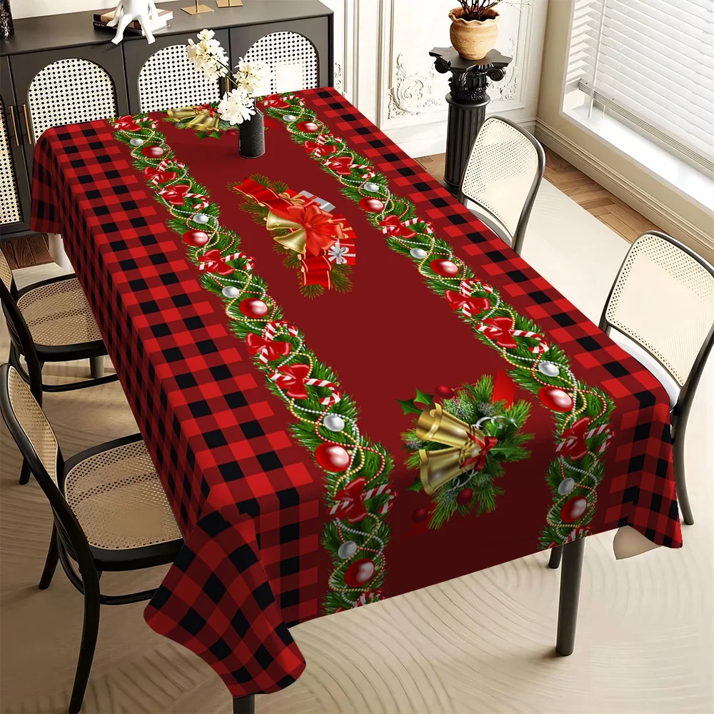 1Pc Christmas Plaid Tablecloth Red Black Buffalo Check Garland Bells Ornaments Print Table Cover For Holiday Party Dining Home