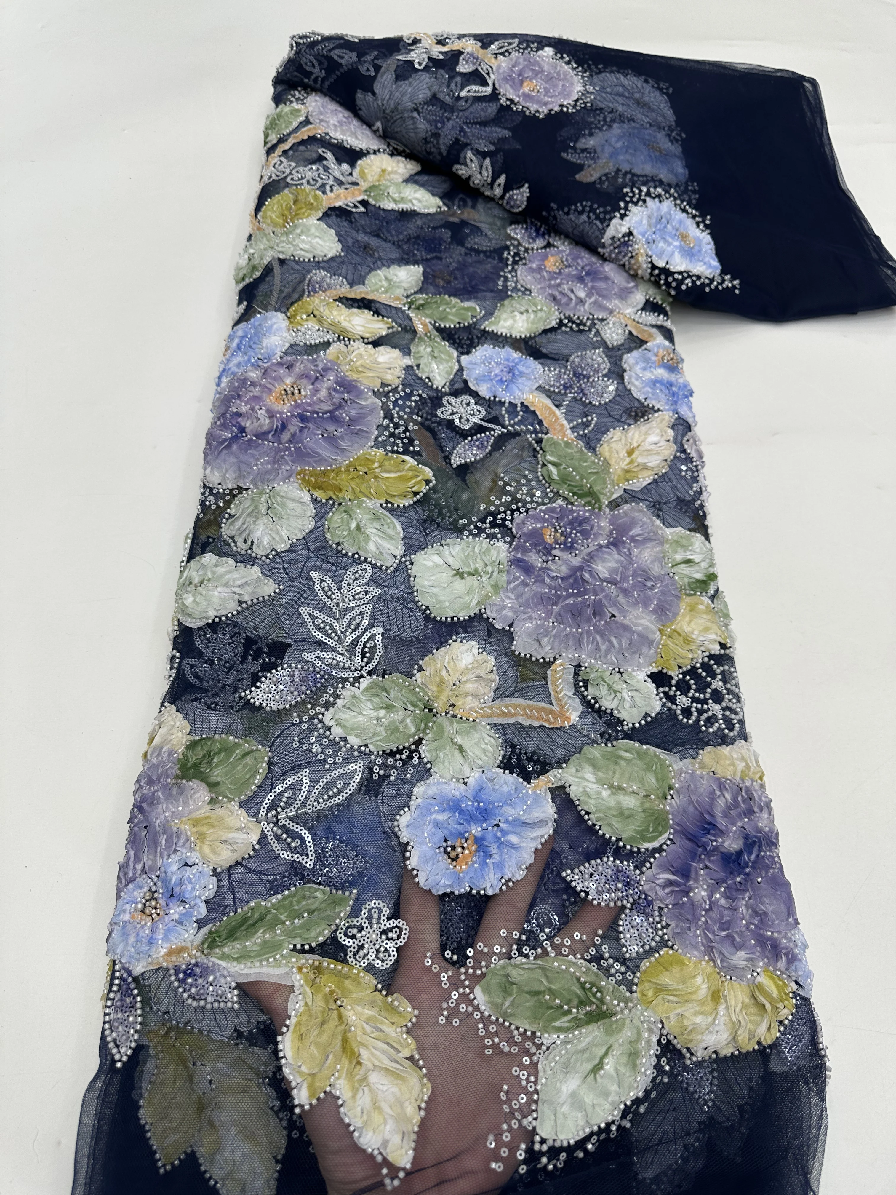 Luxury French Mesh 3d Beaded Lace Fabric High Quality African Sequins Lace Fabrics For Nigerian Wedding Dress Sew