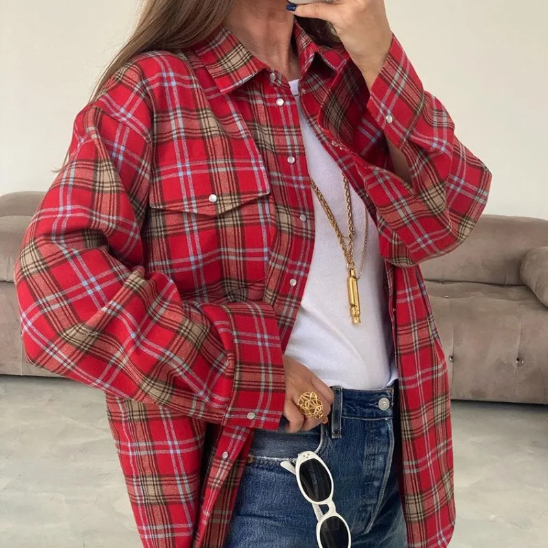 Trendix Fall Plaid Cardigan Shirts For Women 2025 New Street Casual Loose Long Sleeve Long Coats Autumn Basic Commuting Jacket