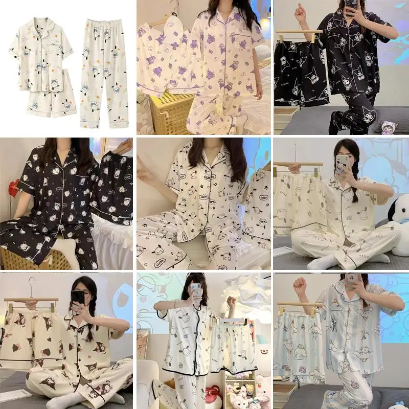 

Anime Kawaii Pajamas Sanrios Girl Student Summer Three Piece Set Cinnamoroll Short Sleeves Autumn Thin Style Lapel Tracksuit