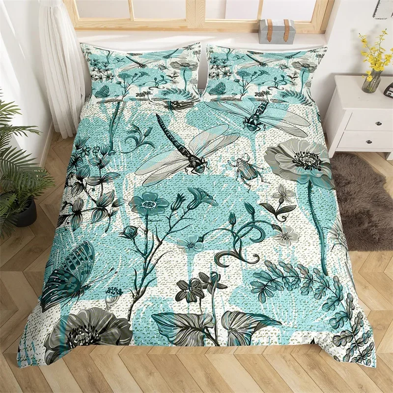 Dragonfly Duvet Cover King Butterfly Flower Leaves Bedding Set Microfiber Nature Animals Plants Quilt Cover For Teens Girls Room