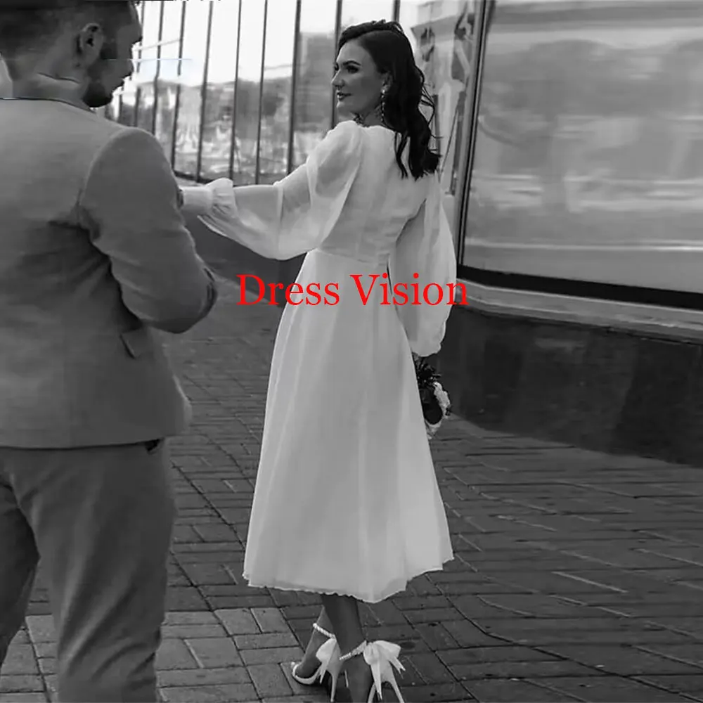 Vestido De Novia De gasa con cuello en V, mangas largas abullonadas, Vestidos De Novia simples, línea A, Vestidos formales para ocasiones