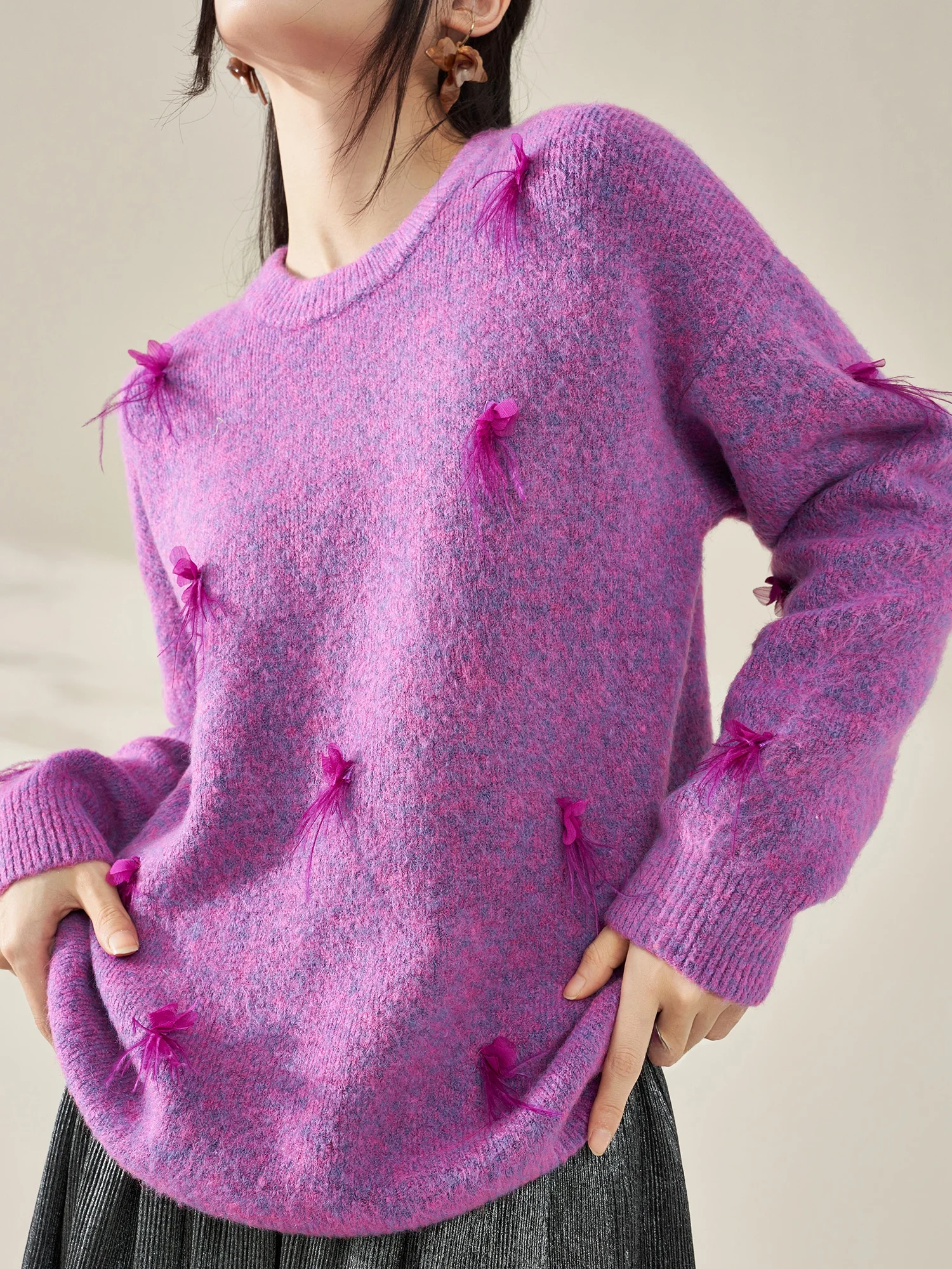 

Unique Beautiful Purple Floral Knit Sweater round Ne Design Women's Faionable All-Match Winter Warm Long Sve Top