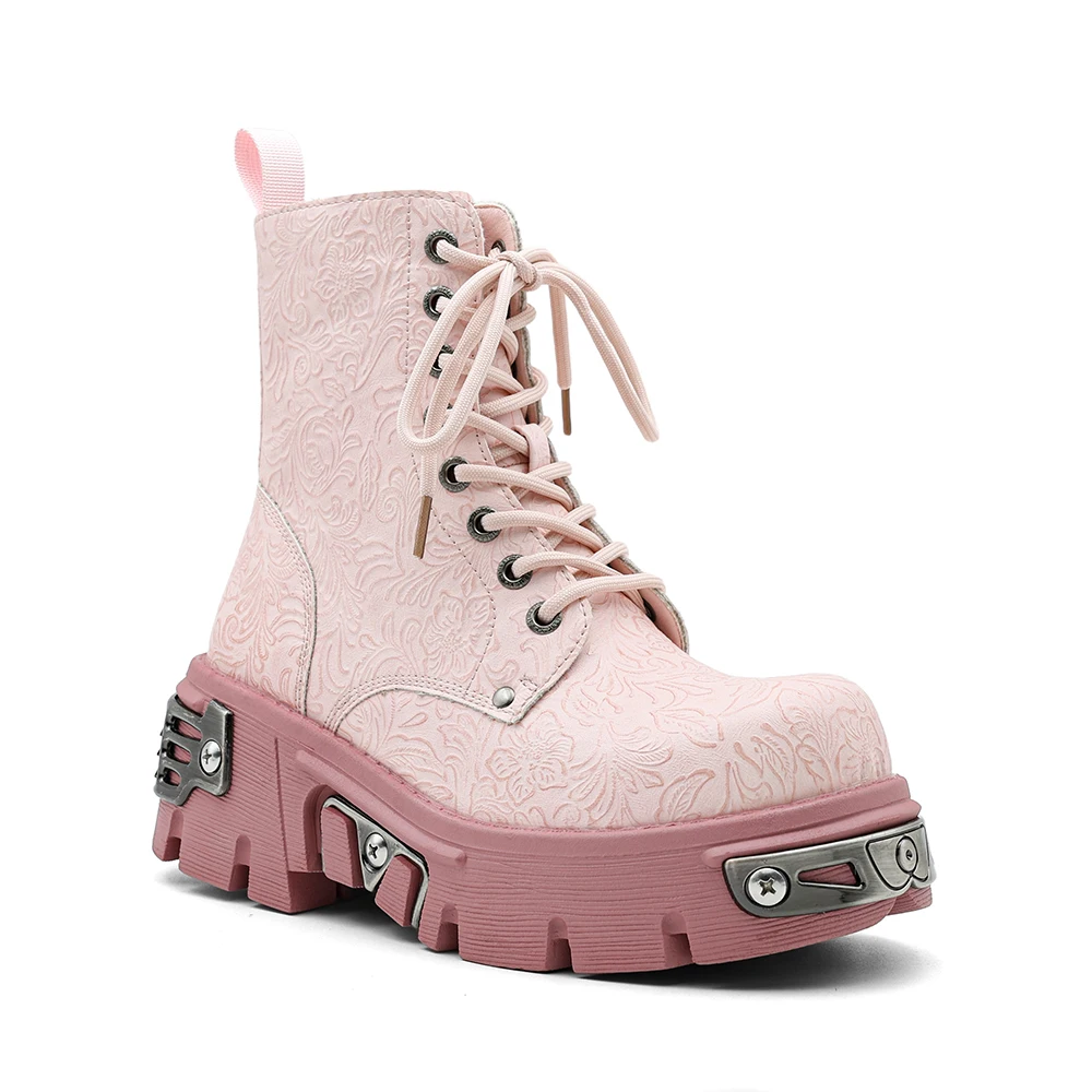 New Punk Women's Platform Ankle Boots Female's Rock Round Toe Lace Up Woman Fashion Retro Chunky Shoes Metal Decor Short Boots