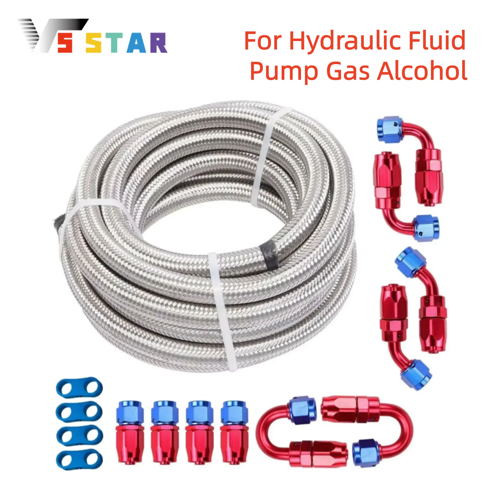 AN6 20FT Stainless Steel & Nylon Braided CPE Fuel Line Silver with Aluminum Fitting Hose Red-Blue Kit For Hydraulic Fluid Pump Gas Alcohol