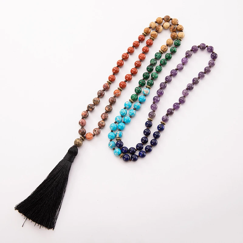 New Boho Round Stone 8mm Beaded Necklace Ethnic Style Long Colorful Crystal Natural Stone Tassel Necklace Bracelet for Men Women