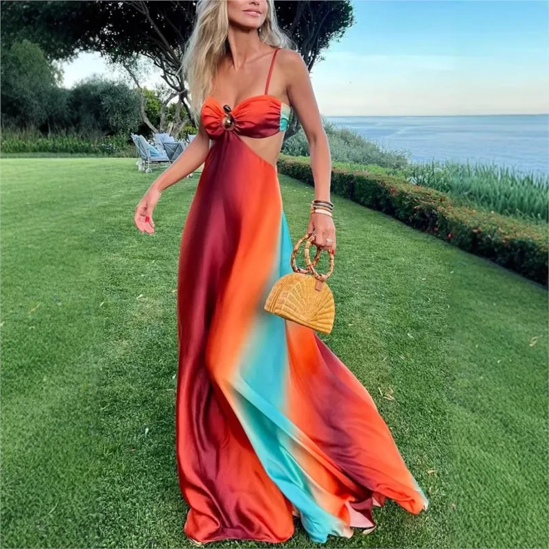 Sexy Gradient Sling Beach Long Dress Women Vintage Sleeveless Lace Up Hollow Out Tube Dresses Female Chic Street Party Holiday