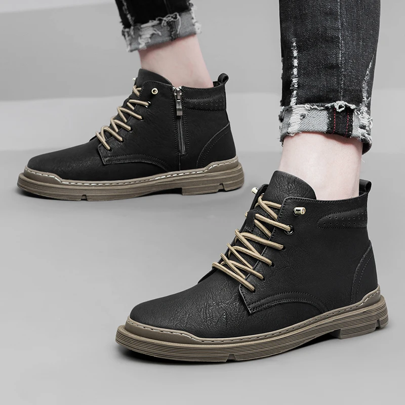 

2023 New Men Mid TopBoots Leather Waterproof Lace Up Boots Men Winter Ankle Lightweight Shoes for Men Winter Casual Non Slip