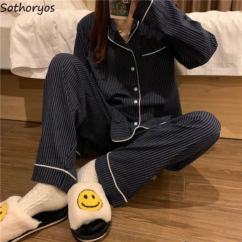 

Pajama Sets Women Striped Casual Long-sleeve Classic Spring Home Loose Korean Style Femme Sleepwear Chic Turn-down Collar Simple