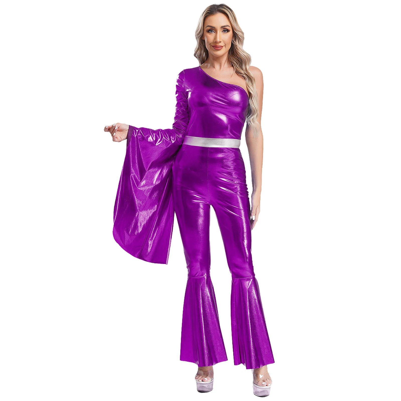 Womens 70s Disco Vintage Hippie Jumpsuit Metallic Shiny Flare Sleeve Bodysuit Bell Bottom Rave Theme Party Jazz Dance Costume