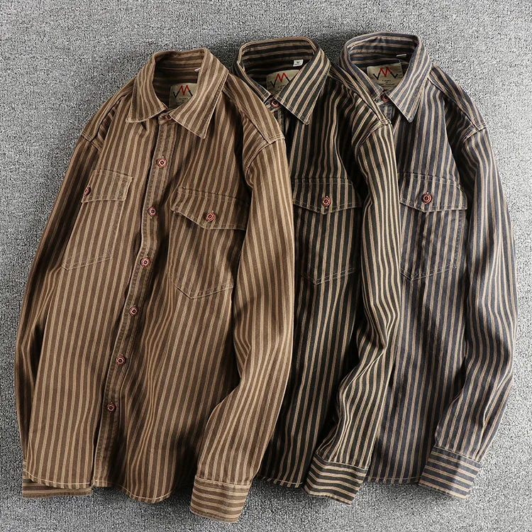 2026 Neue Amerikanische Retro Gestreifte Hemden für Herren Langarm Gewebte Baumwolle Gewaschene Arbeitsjacke Streetwear Lässige Oberteile – Detail 2