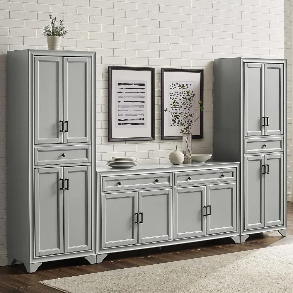 Tara 3-Piece Sideboard and Pantry Set  Distressed Gray Sideboard  Buffet Cabinet  Kitchen Cabinet Sideboard Buffet Cabinet