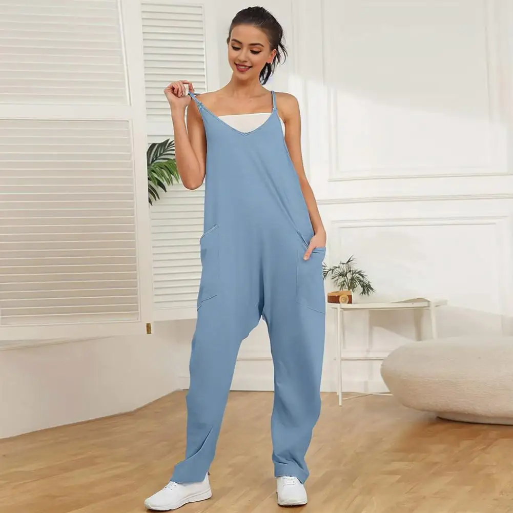

Solid Color Jumpsuit Stylish Women's Sleeveless Wide Leg Jumpsuit with V Neck Pockets Soft Comfortable Vacation for Summer