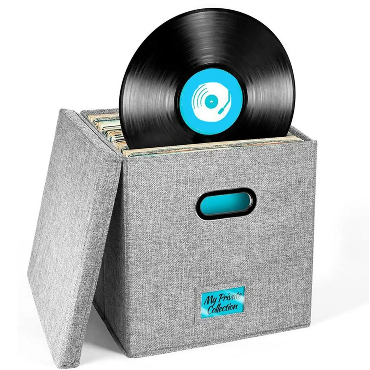 HITL Vinyl Record Storage Box with Lid and Handles, LP Record Organizer, Stylish Home Decor, Protective Album Holder