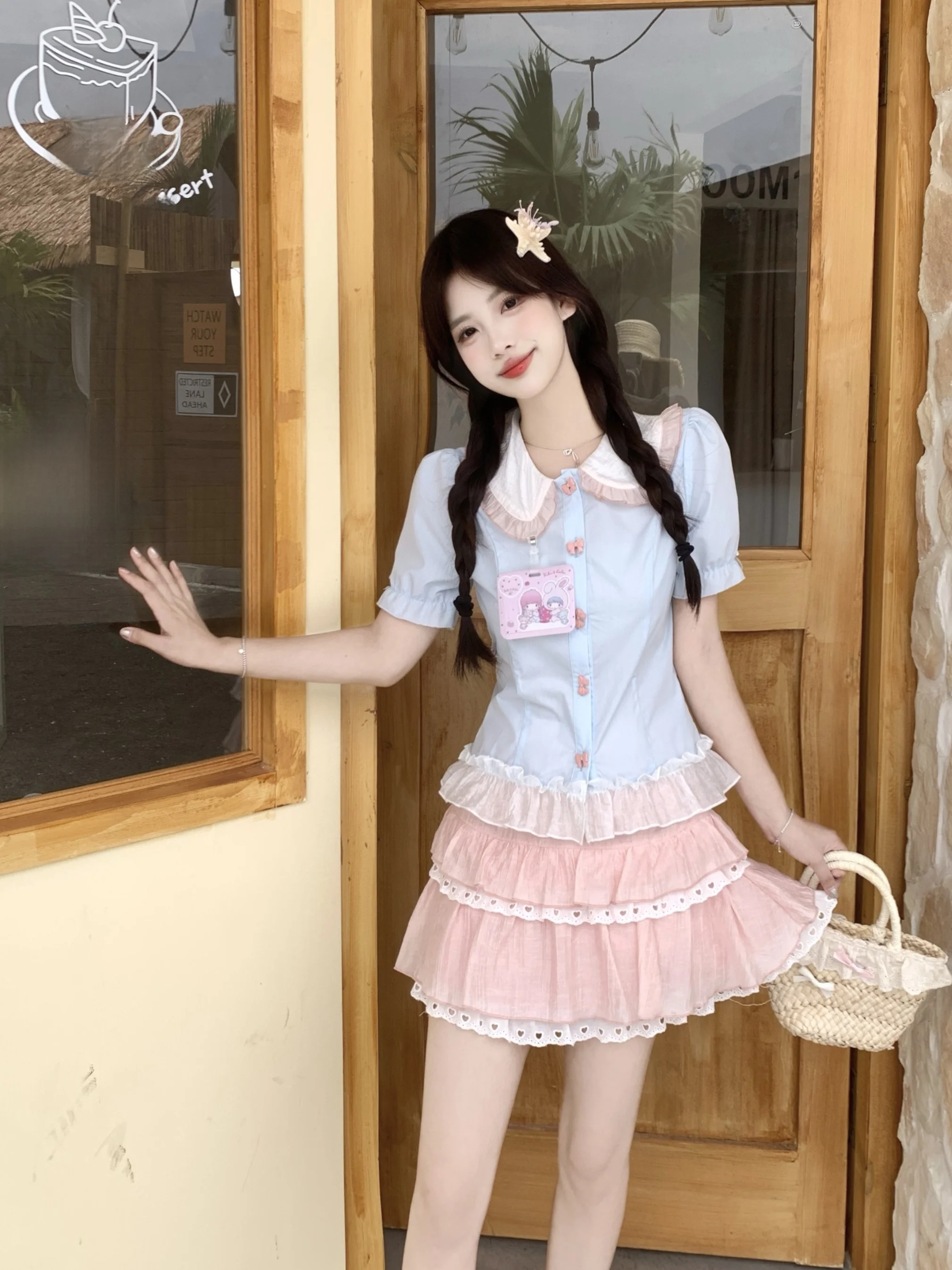 

plus Size Women's Pink Polka Dot Shirt And Skirt Set Summer New Style Korean Loose Fit High Waist Short Sleeve Cake Skirt