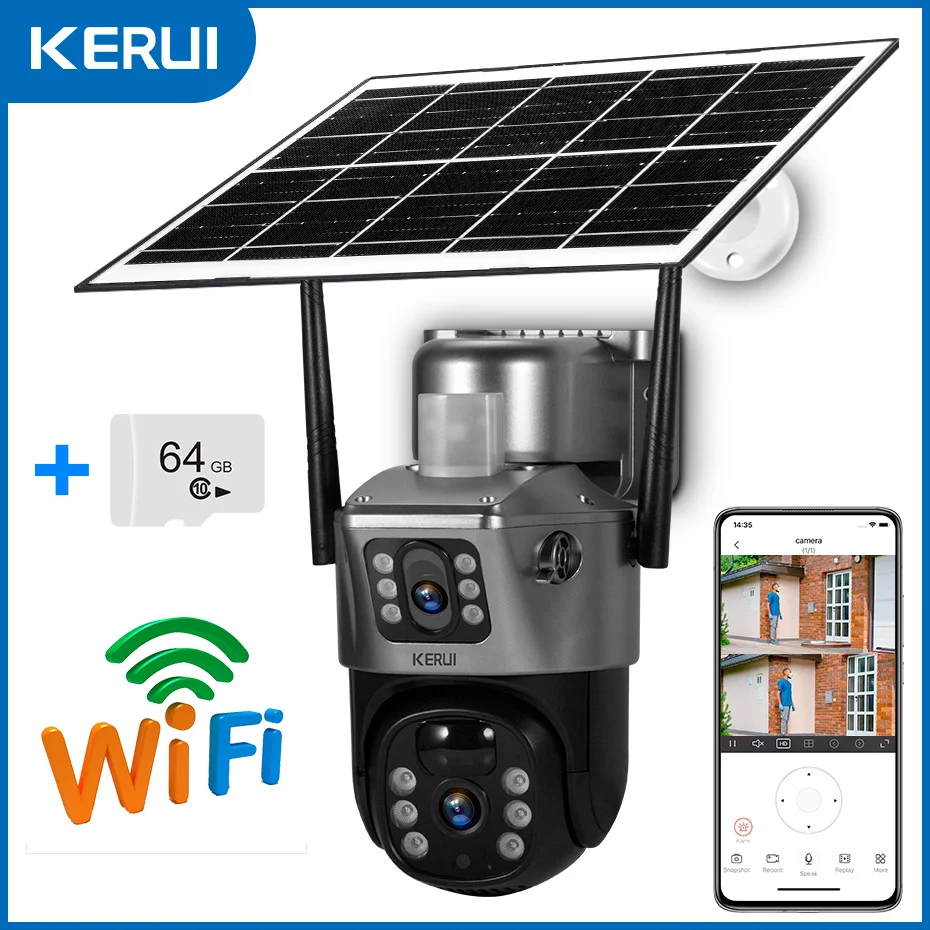KERUI WIFI Solar podwójny obiektyw bezprzewodowa kamera zewnętrzna CCTV PTZ 4MP 4G SIM bezpieczeństwo w domu Monitor nadzoru wideo wbudowana bateria
