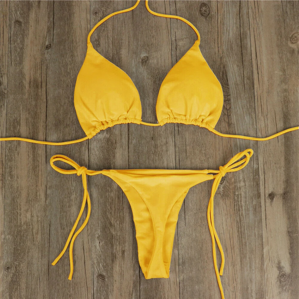 Womens Summer Swimsuit Thongs Bikini Set Side Tie Sexy Lingerie Bandage Style Brazilian Swimwear Ultra-Thin Underwear Beachwear