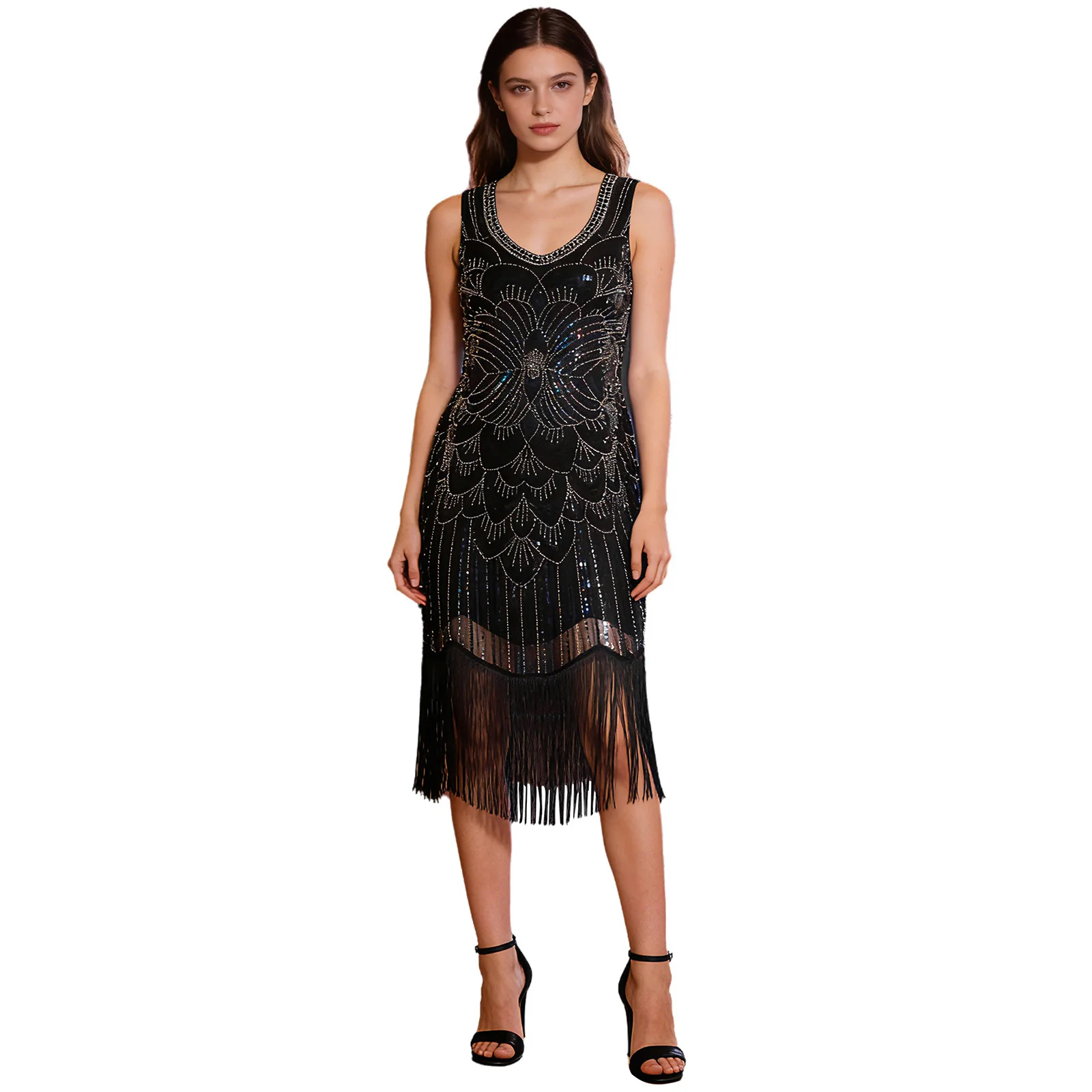 

Vintage Women 1920s Flapper Party Dress Clubwear Sequins and Plastic Beads Tassel Hem Tank Dress for Cocktails Evenings