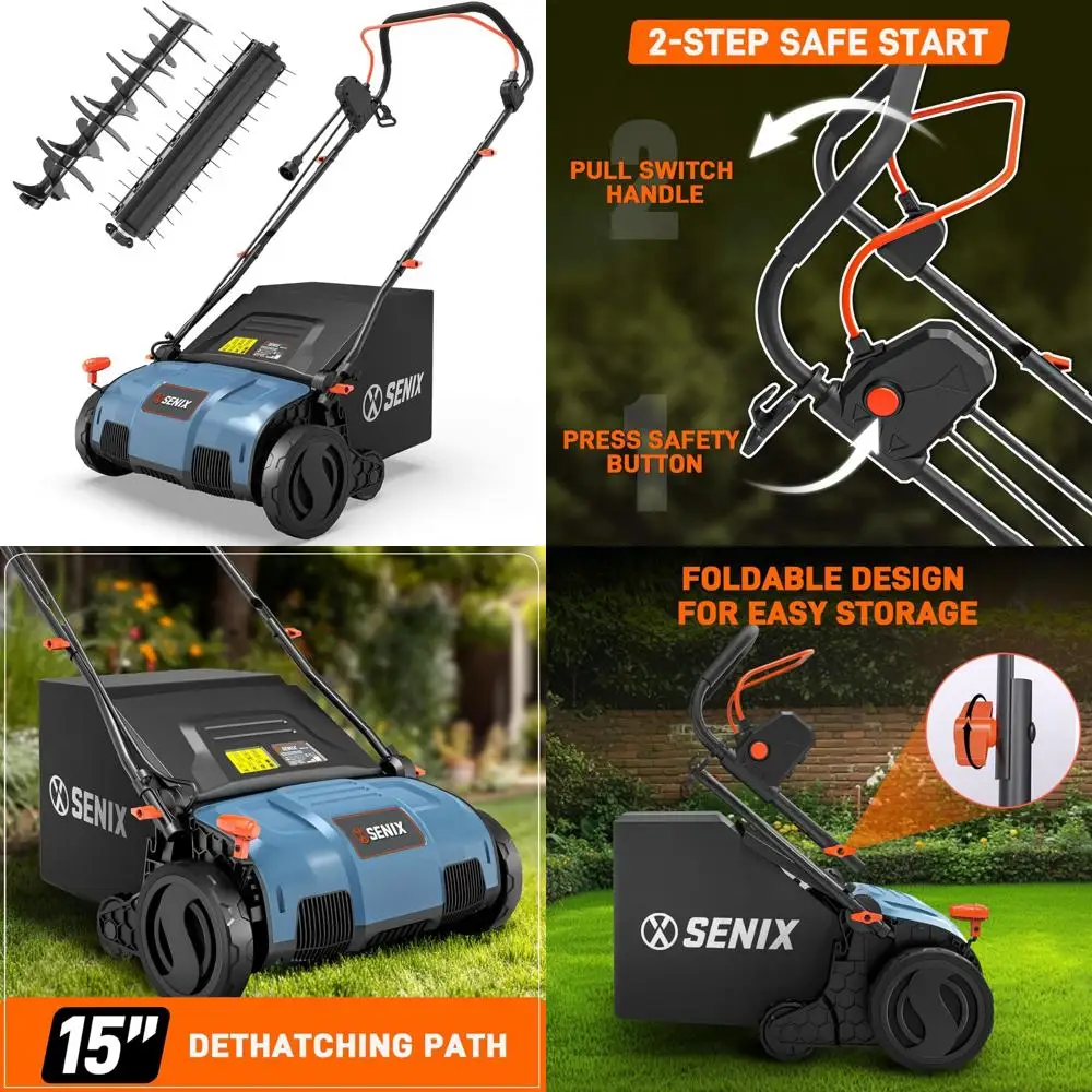 15-Inch Dual-Purpose Electric Dethatcher and Scarifier, 13 Amp, 13.2 Gallon Bag, Adjustable Depth, Walk Behind Lawn Tool