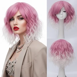 MSIWIGS Short Bob Cosplay Wig for Women Synthetic Pink White Anime Holloween Party Hair Heat Resistant Wig With Side Bangs