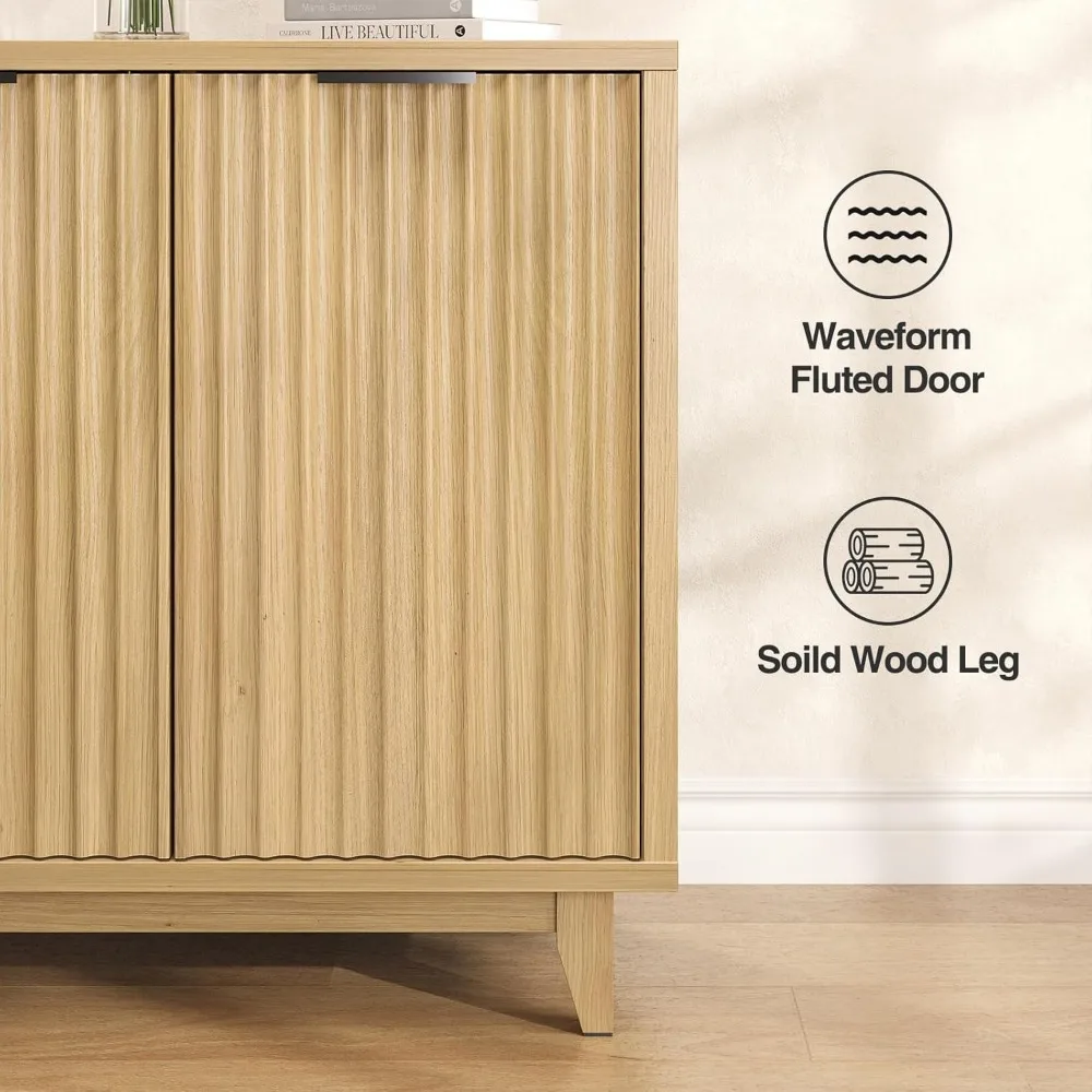 Modern Fluted Coffee Bar Cabinet with Removable Wine Rack and Adjustable Shelf, Solid Wood Legs, Multi-Functional Sideboard