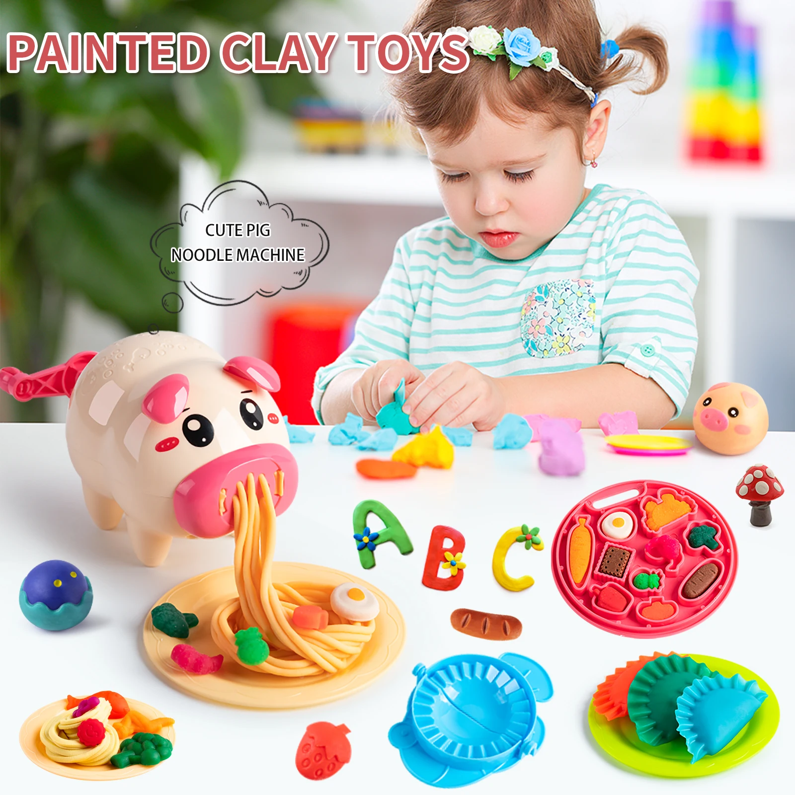 Cartoon Cute Pig Noodle Machine Clay Set Game Noodle Machine Multiple Molds Knife Fork Clay Set Toys 